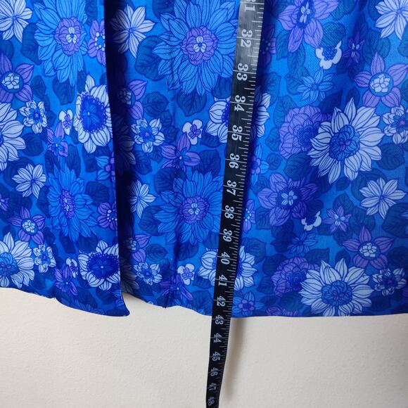 Vtg 60s 70s Blue Boho Mod Floral Housecoat L/XL Cottagecore Dress Velvet Buttons - Picture 8 of 9
